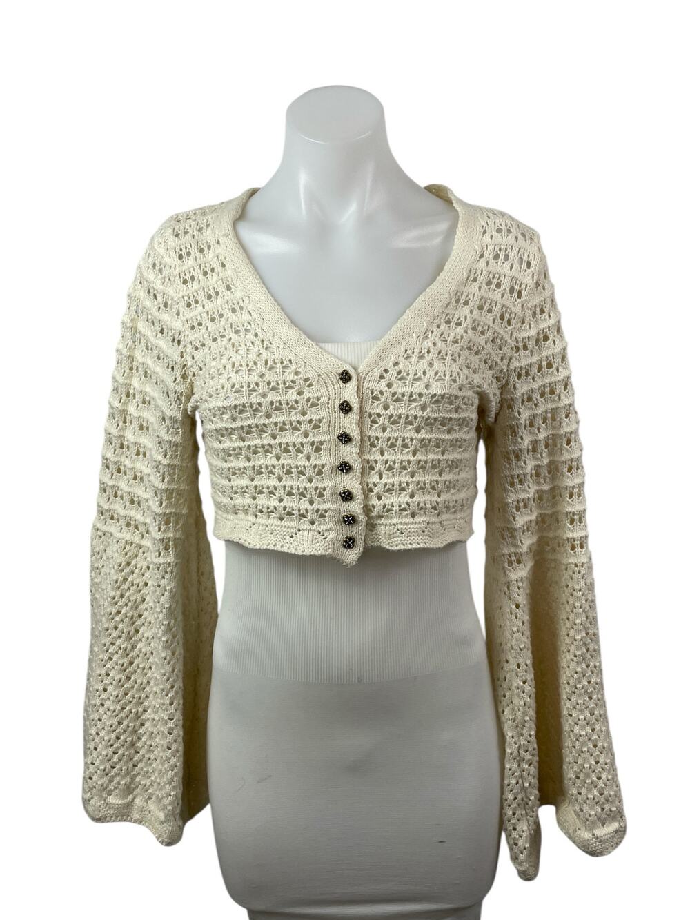 Commense Cream Beige Open Knit Crochet Long Sleeve Button Up Crop Top Size S